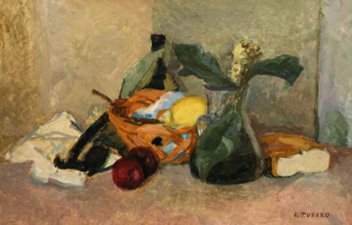 Brocca con magnolia, cestino e melagrane