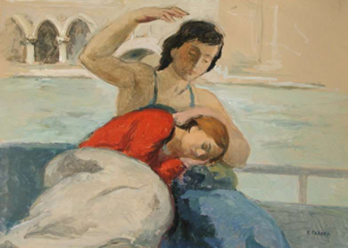 Due figure di donne su panchina a Venezia