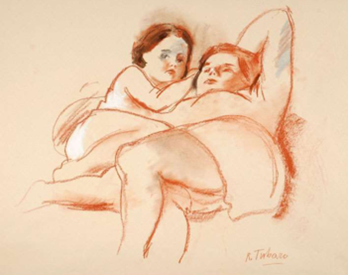 Mamma e bambina distese
