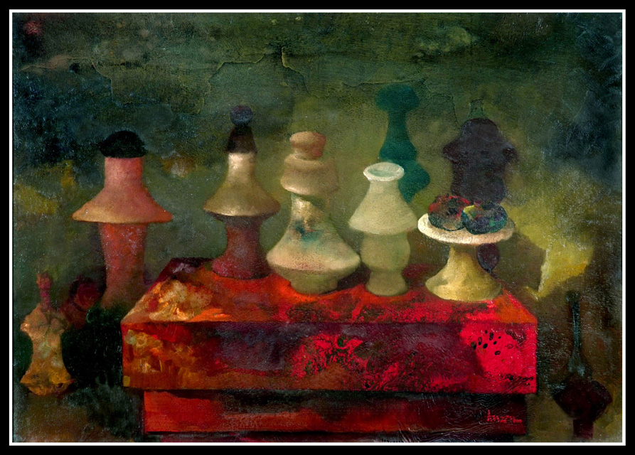 Bottiglie e tavolo rosso, Bottiglie su fondo rosso