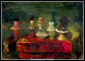 Bottiglie e tavolo rosso, Bottiglie su fondo rosso