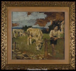 Tre mucche al pascolo con giovane contadino